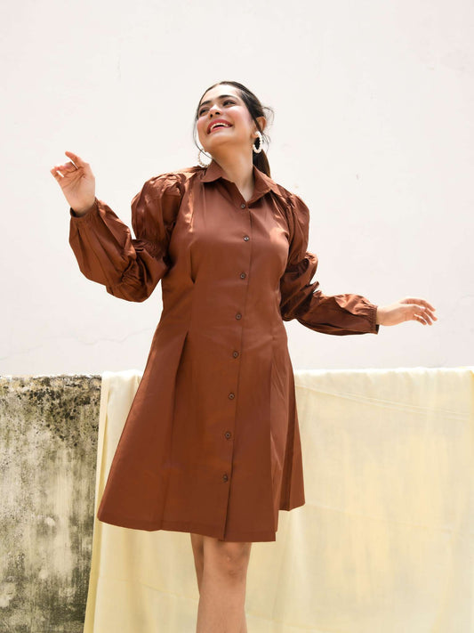 Elegant Rust Brown Button-Down Dress with Puff Sleeves | Cotton Dress | Summer Dress